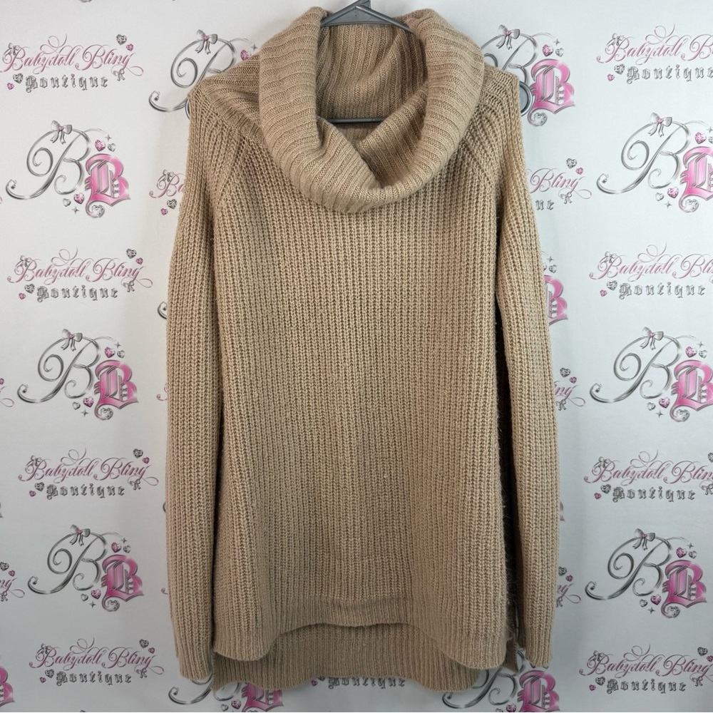 Revamped sweater cold shoulder turtleneck Classic Beige Cowl Neck Sweater